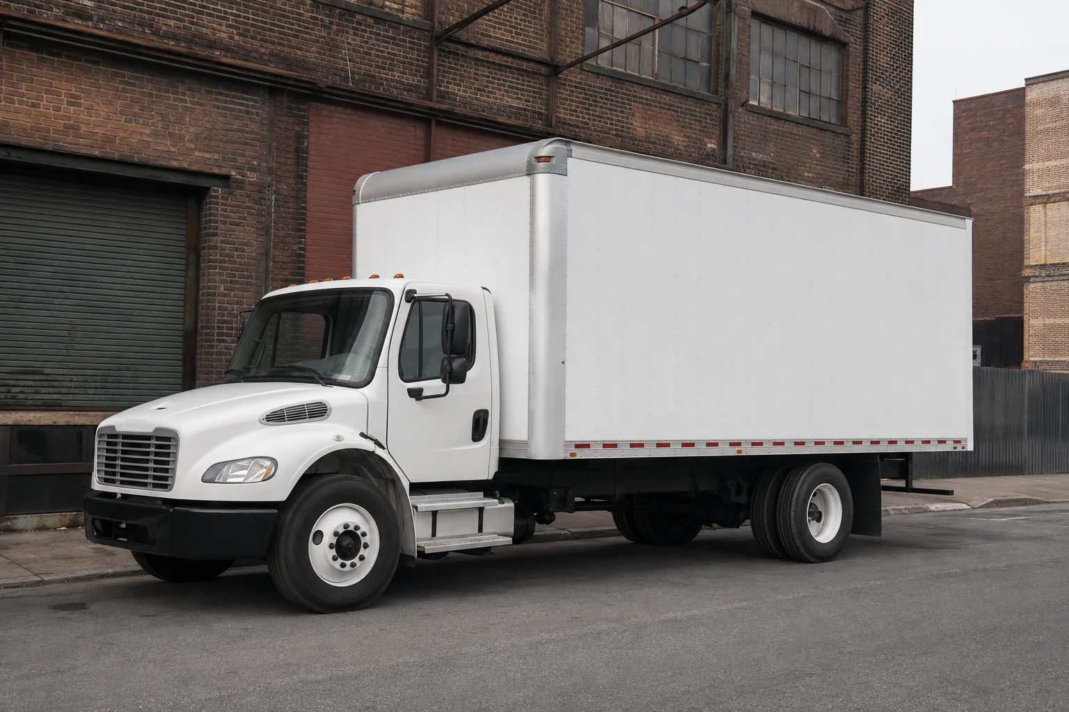 White freight box truck on a brick-lined industrial street