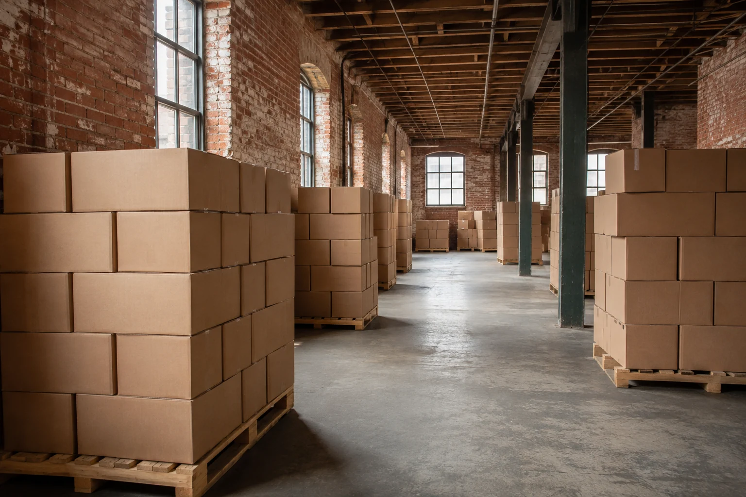 Brick warehouse interior with organized pallets, steel beams and an open concrete aisle