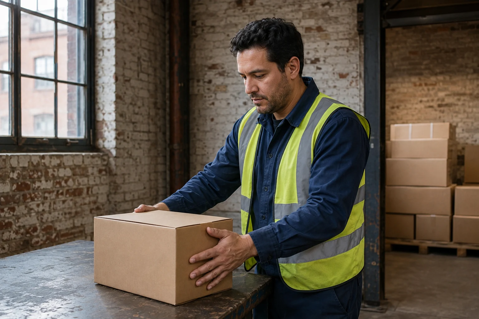 Warehouse worker in a safety vest placing a plain carton on a work table